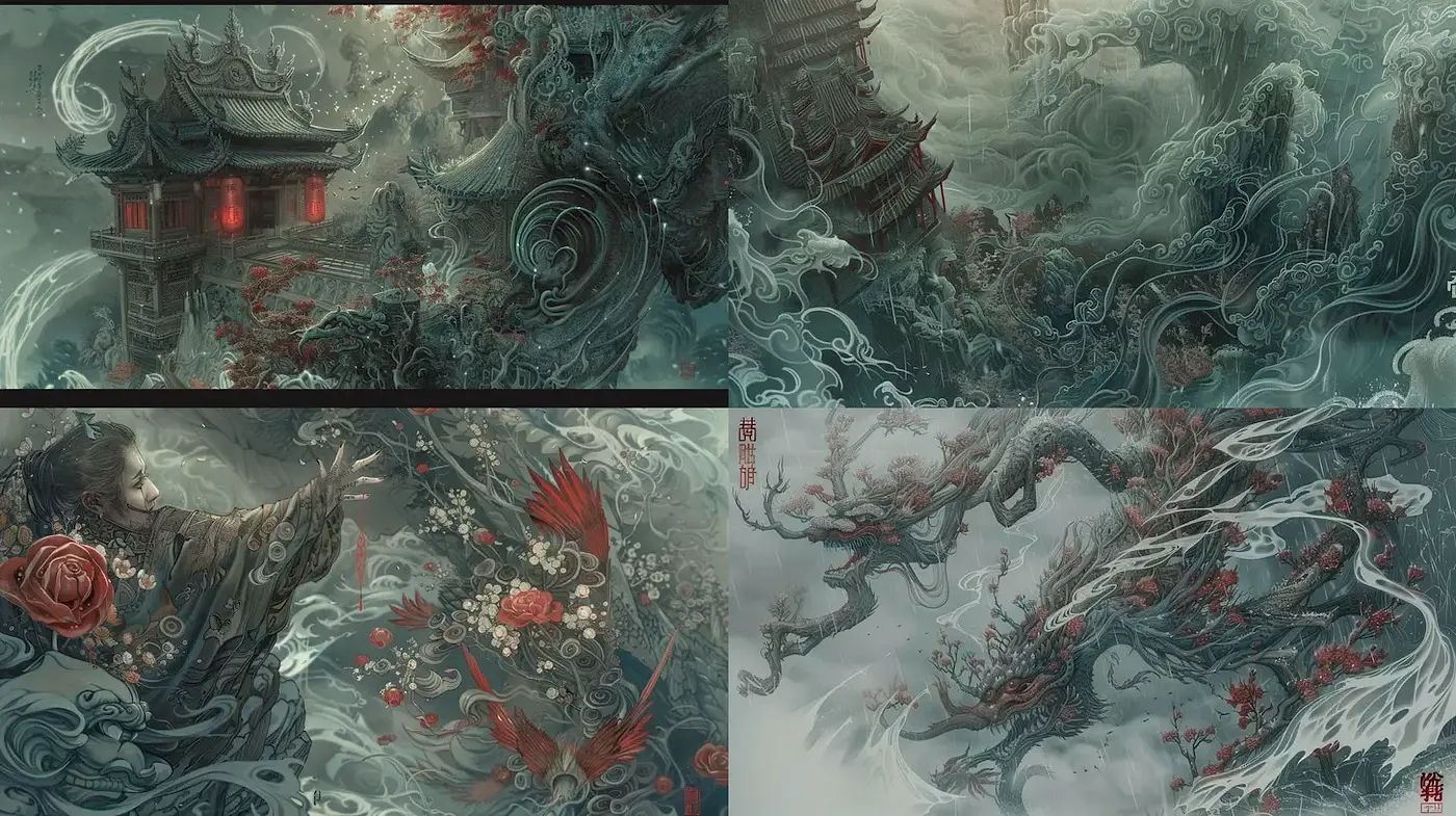 Mysterious, ethereal landscapes with a touch of traditional Asian art - Midjourney sref style