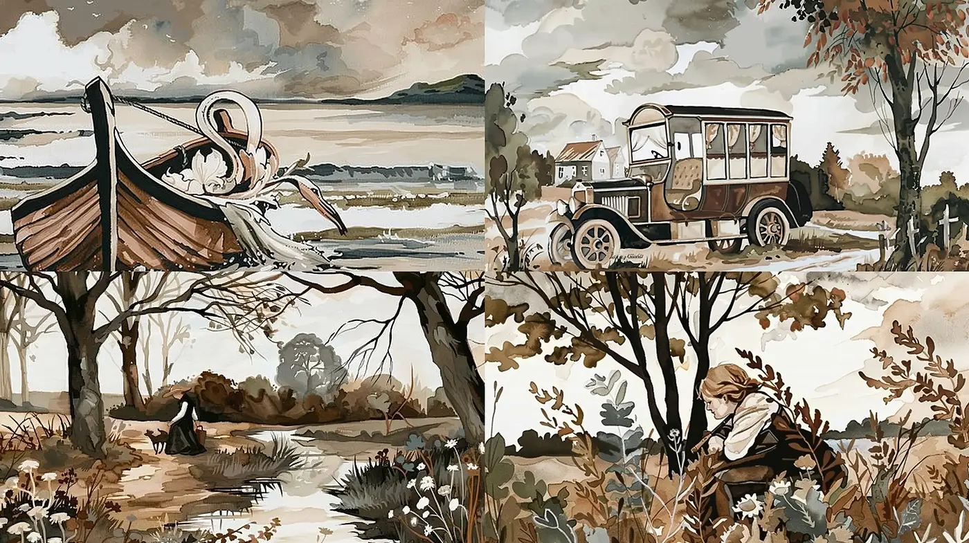 Sepia-toned Storybook Illustration Ensemble - Midjourney sref style