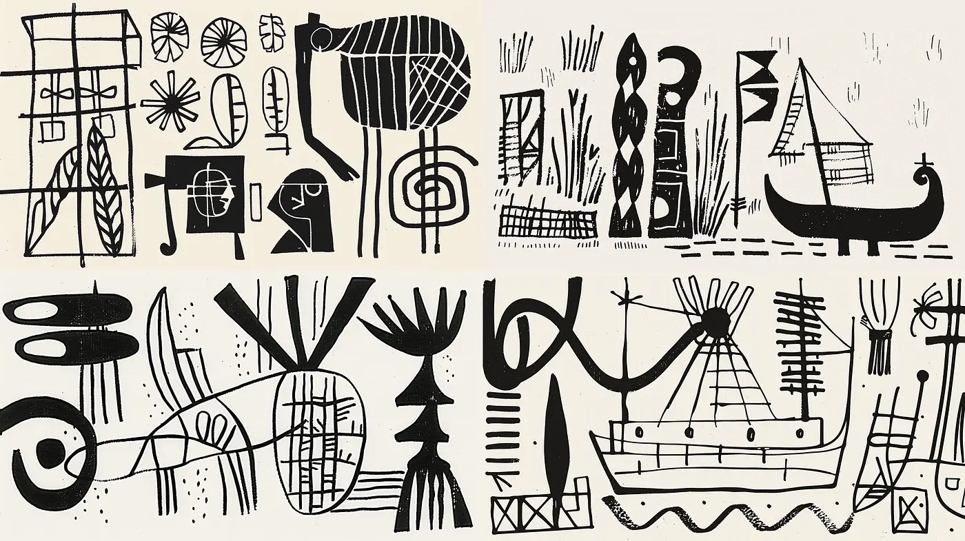 Abstract Primitivism with Monochrome Tribal Echoes - Midjourney sref style