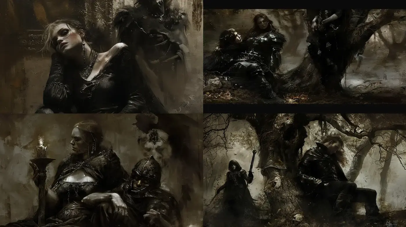 Ethereal Dark Fantasy Art with Dramatic Shadows and Rich Textures - Midjourney sref style