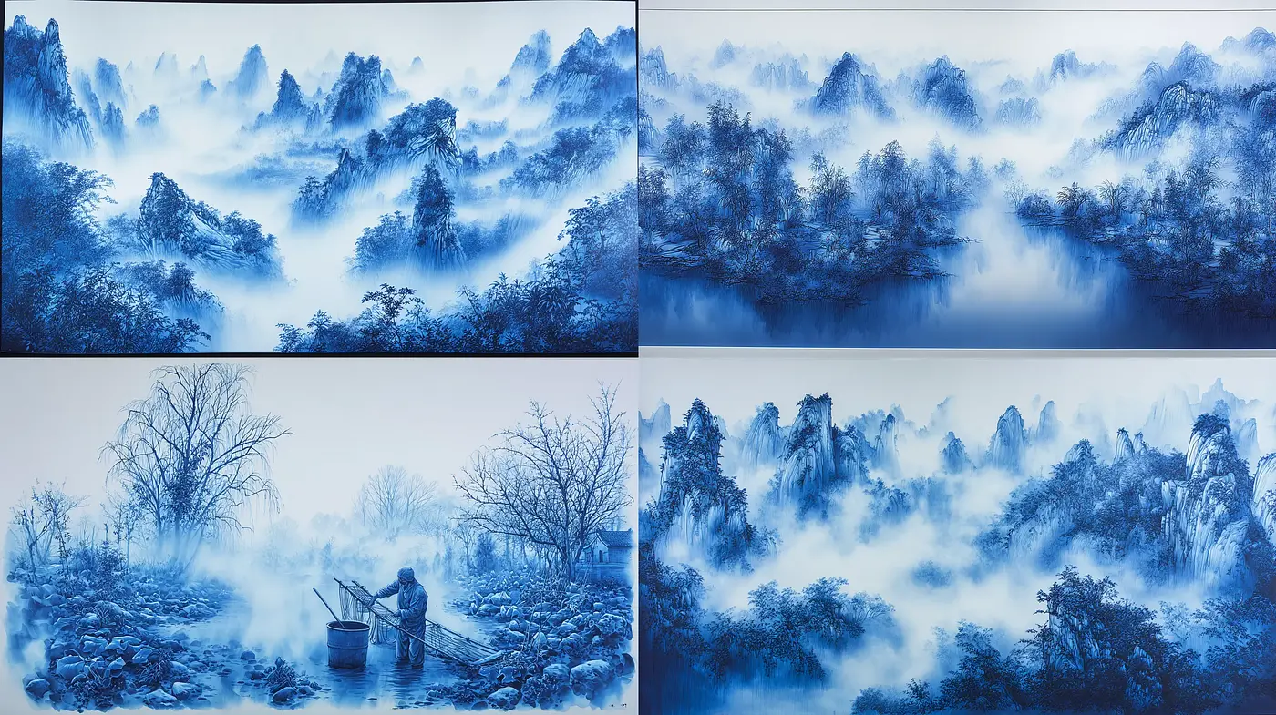 Serene and Ethereal Blue Landscape Scenes with Misty Atmosphere - Midjourney sref style