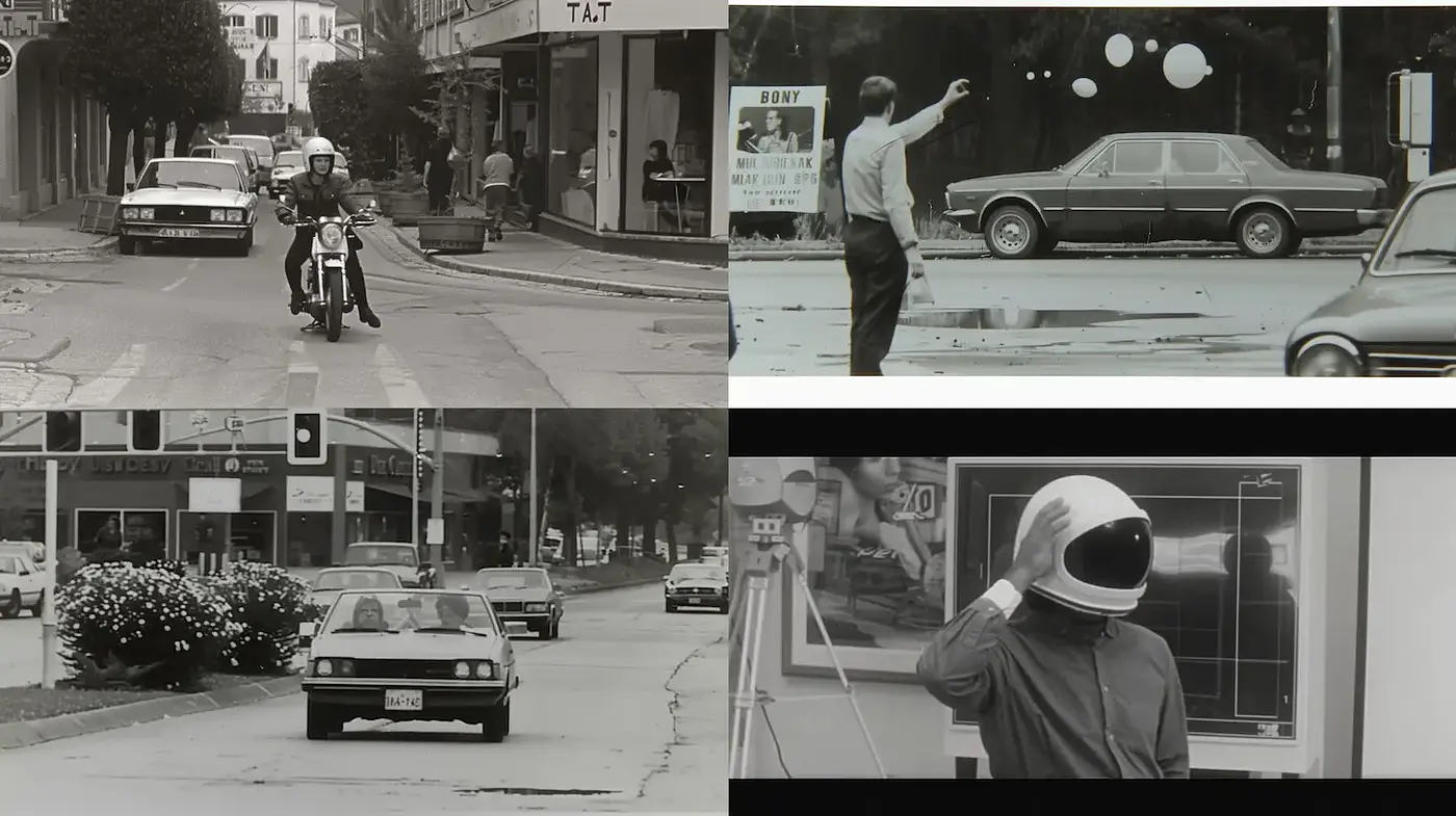 Black and White Vintage Urban Atmosphere with a Hint of Surrealism - Midjourney sref style
