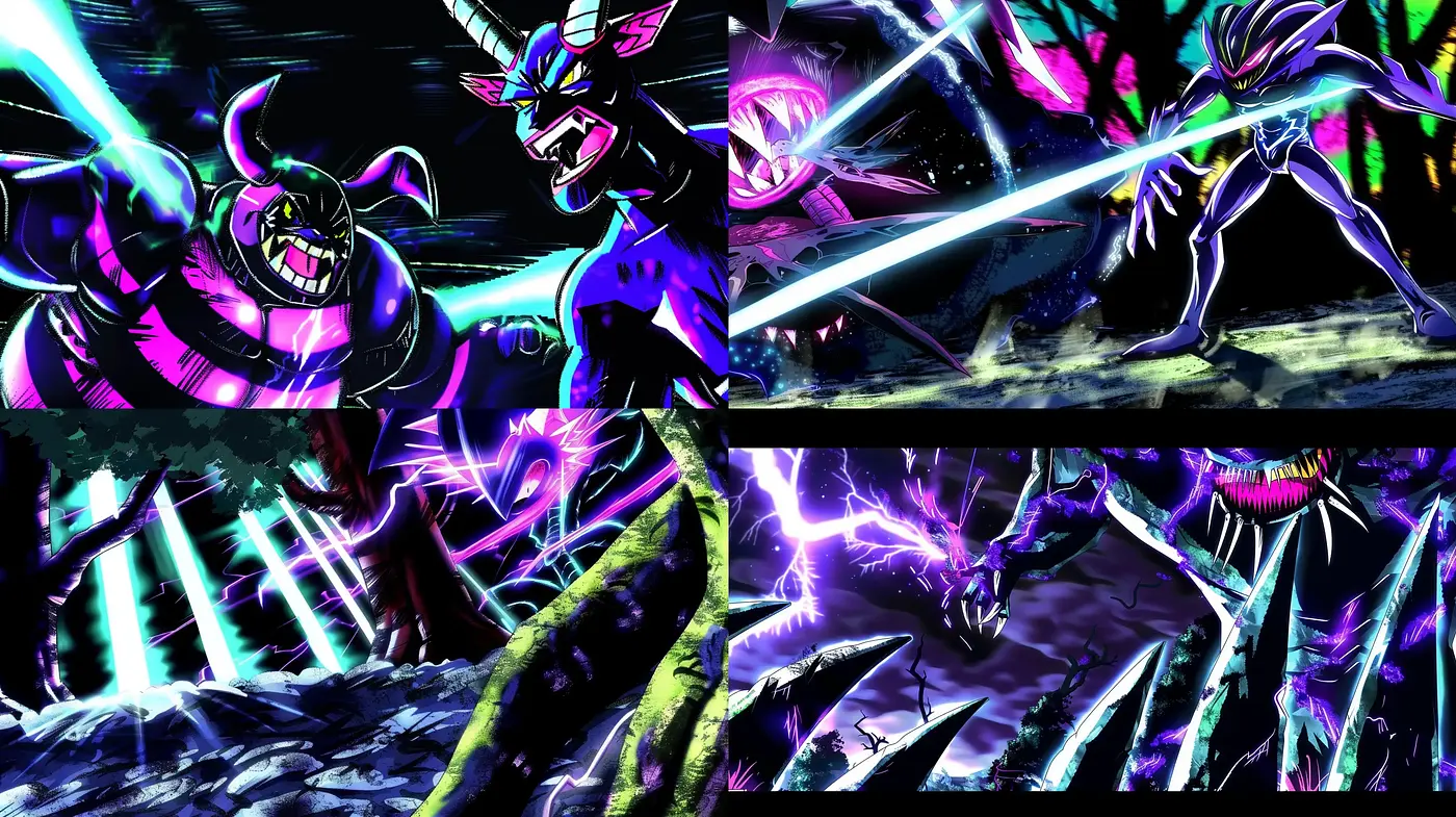 Vibrant Anime-Inspired Battle Scenes with Neon Contrasts - Midjourney sref style