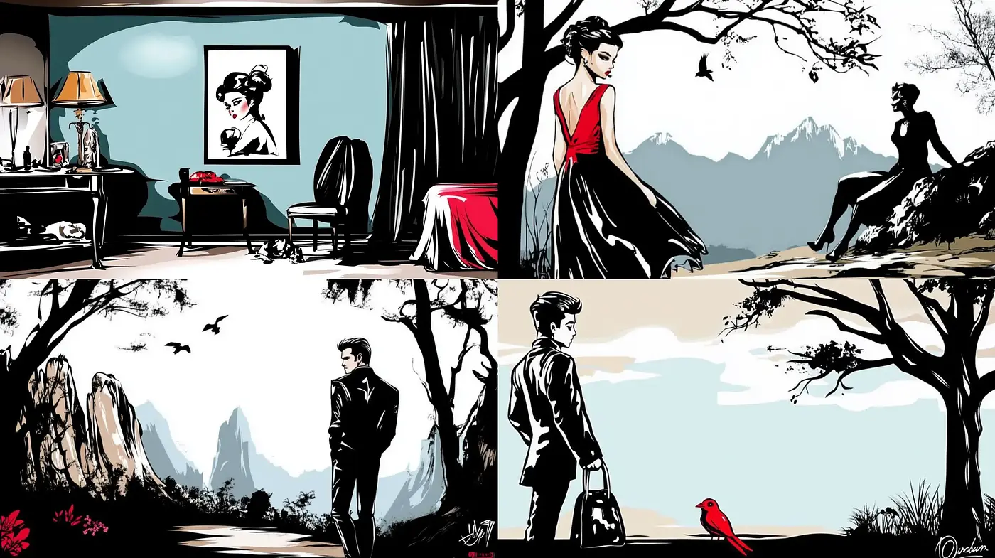 Elegant Noir Silhouettes with Stylized Nature Backdrops - Midjourney sref style