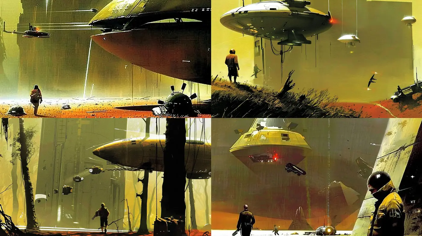 Futuristic Dystopian Dreamscape with a Retro Sci-Fi Essence - Midjourney sref style