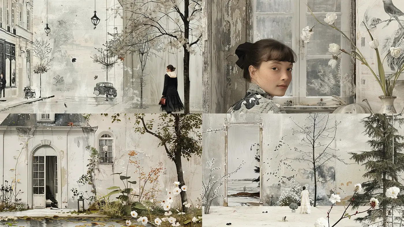 Ethereal Monochrome Dreamscapes with Surrealist Overtones - Midjourney sref style