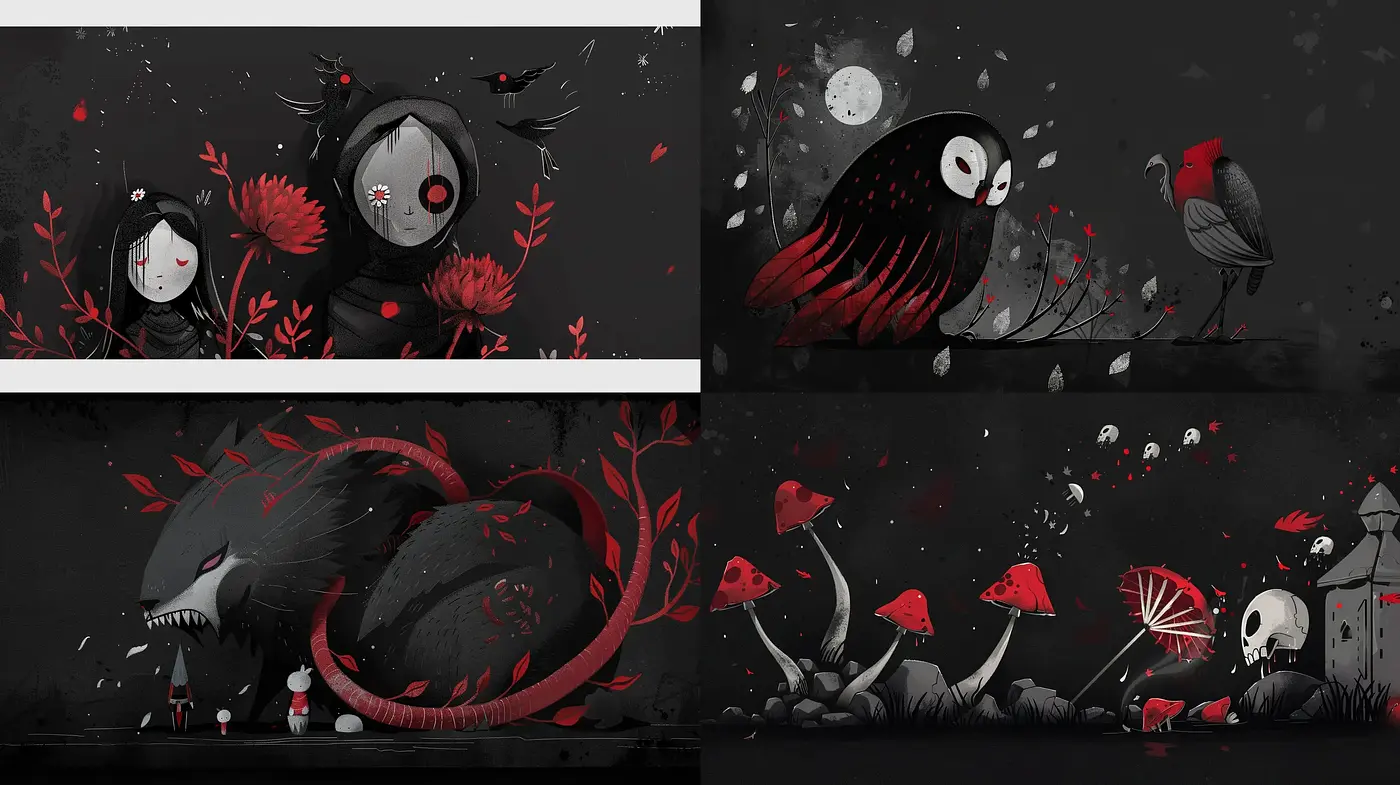 Eerie Monochrome Fantasia with Vivid Crimson Accents - Midjourney sref style