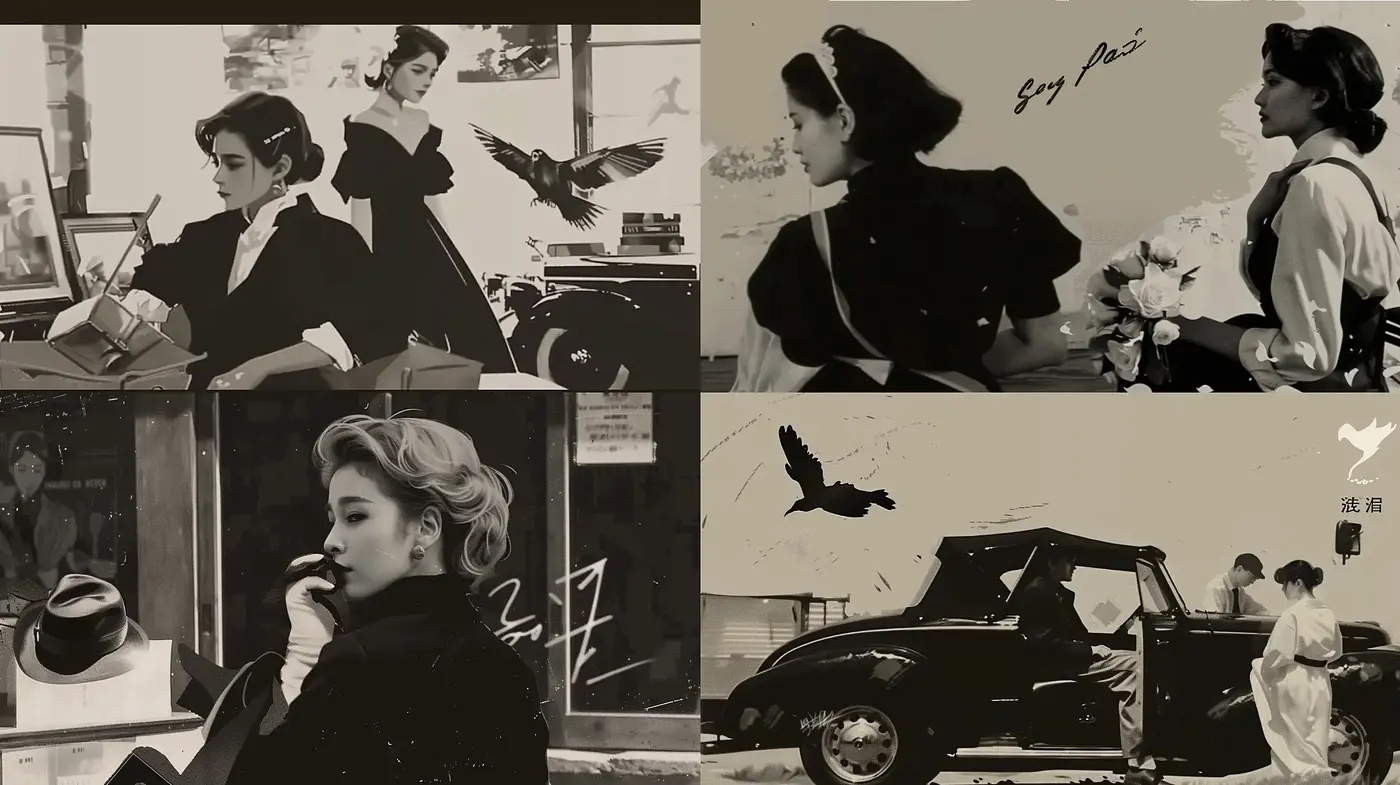 Monochromatic Retro-Elegance with Cinematic Noir Influence - Midjourney sref style