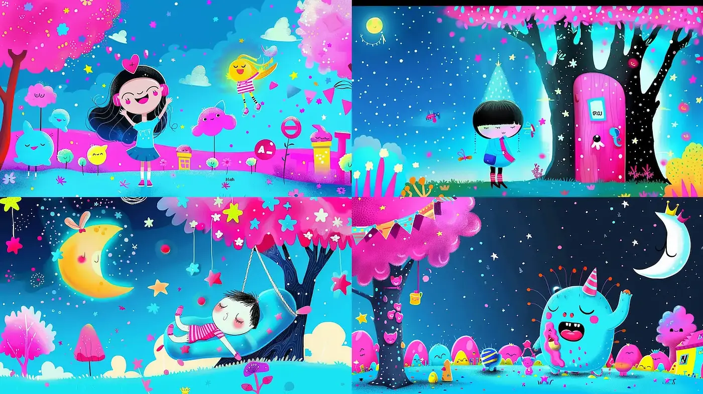 Whimsical and Dreamy Illustrations with Playful Characters and Vibrant Colors - Midjourney sref style