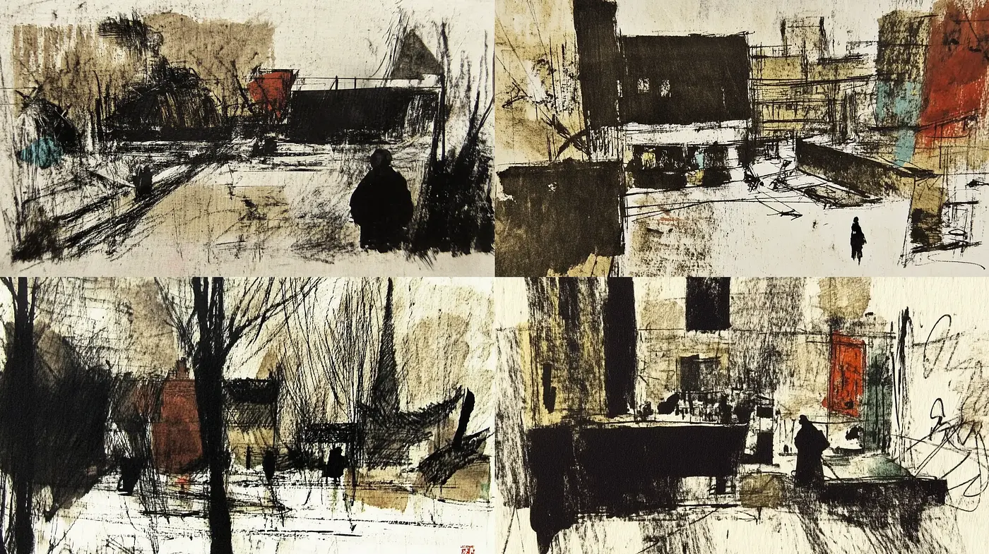 Abstract Urban Expressions in Rustic Monochrome - Midjourney sref style