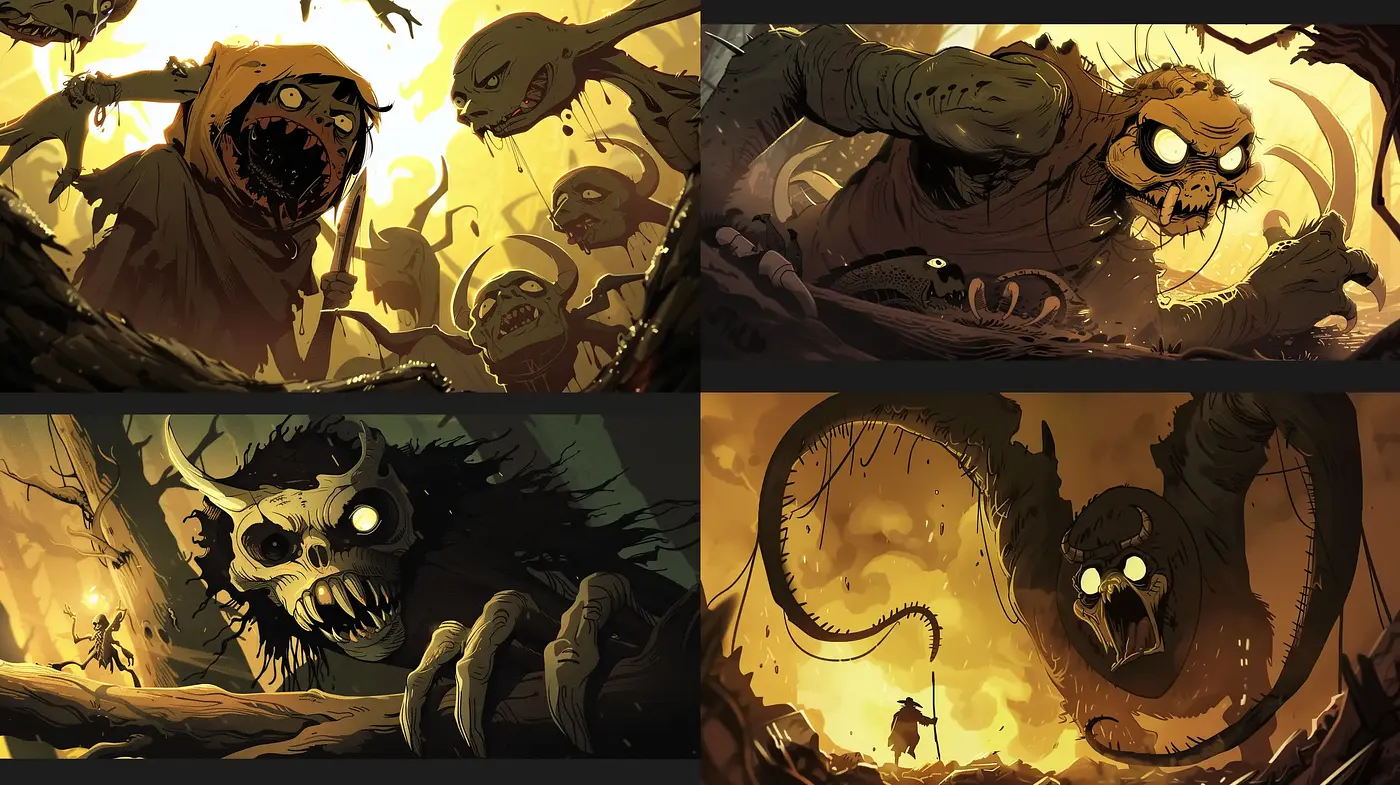 Eerie Tales of Dark Fantasy: A Sinister Palette Uniting Beastly Visions - Midjourney sref style