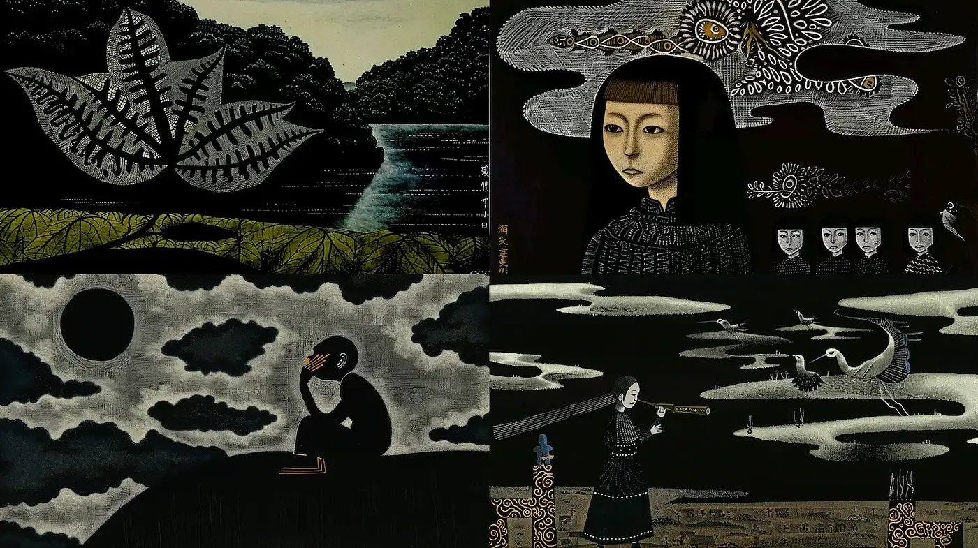 Mysterious and Enigmatic Black and White Illustrations with Organic Elements - Midjourney sref style