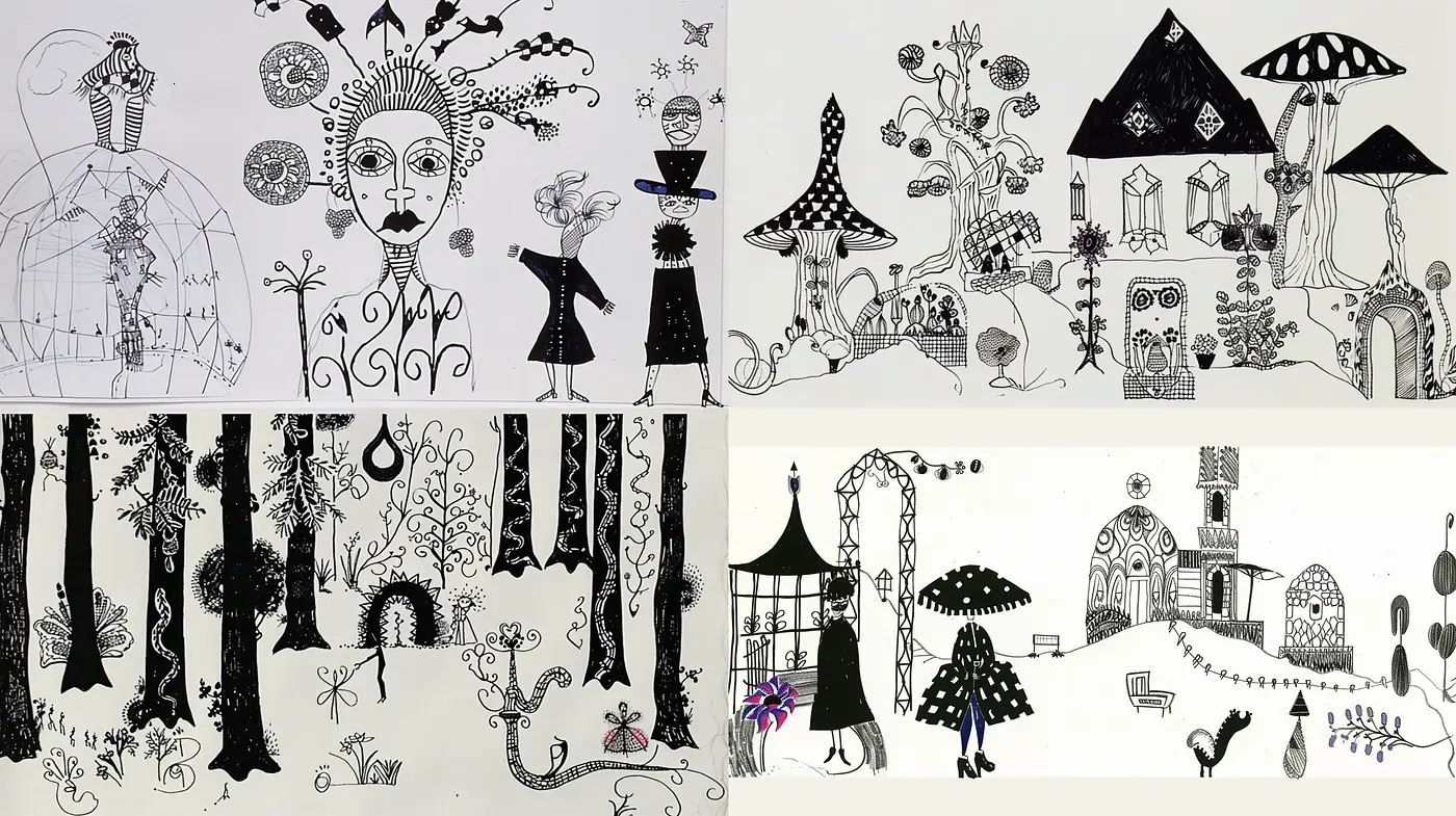 Whimsical Monochrome Illustrations with Surrealist Undertones - Midjourney sref style