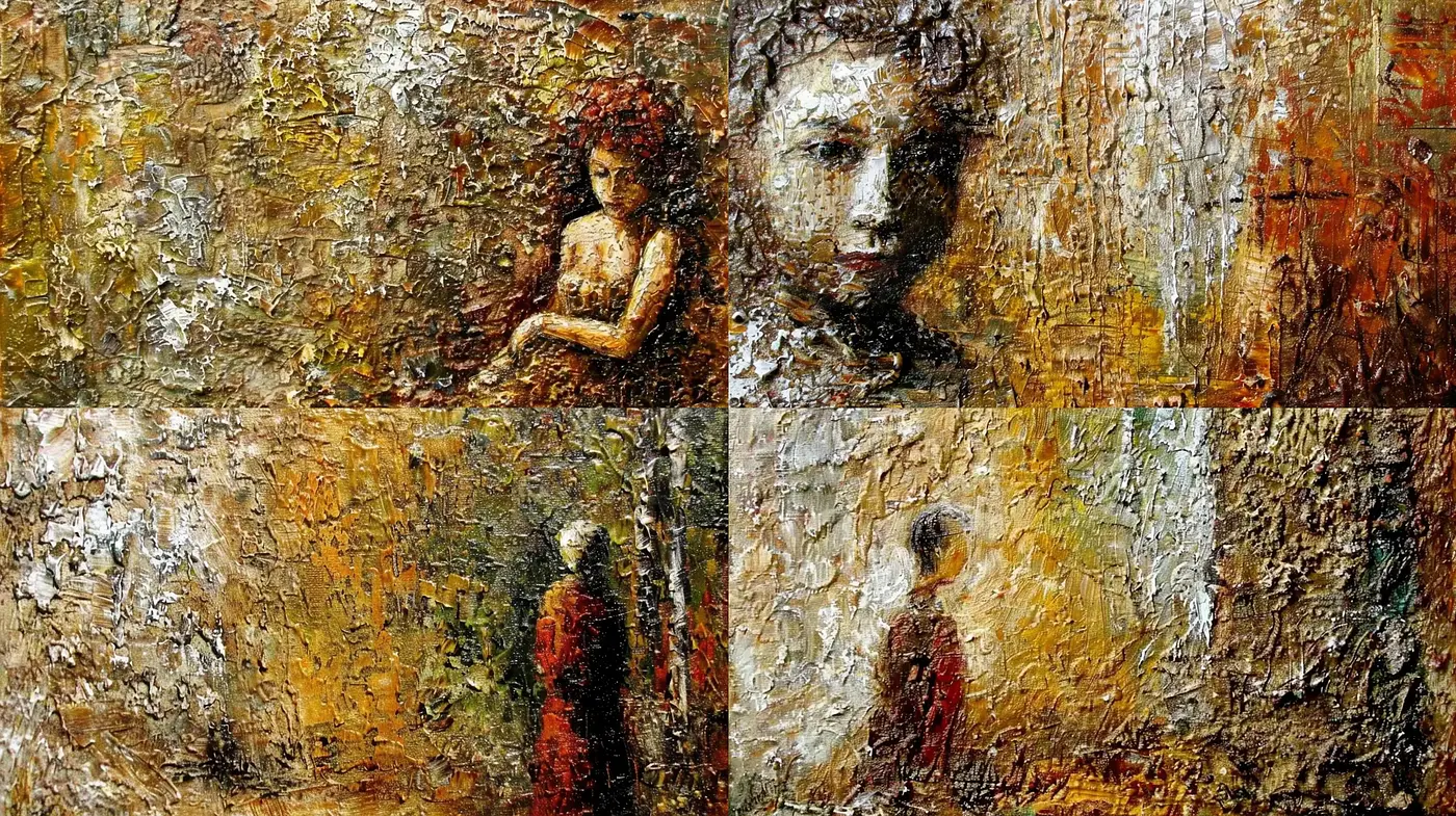 Textured Patina Hues: A Cohesive Series in Impasto Style - Midjourney sref style