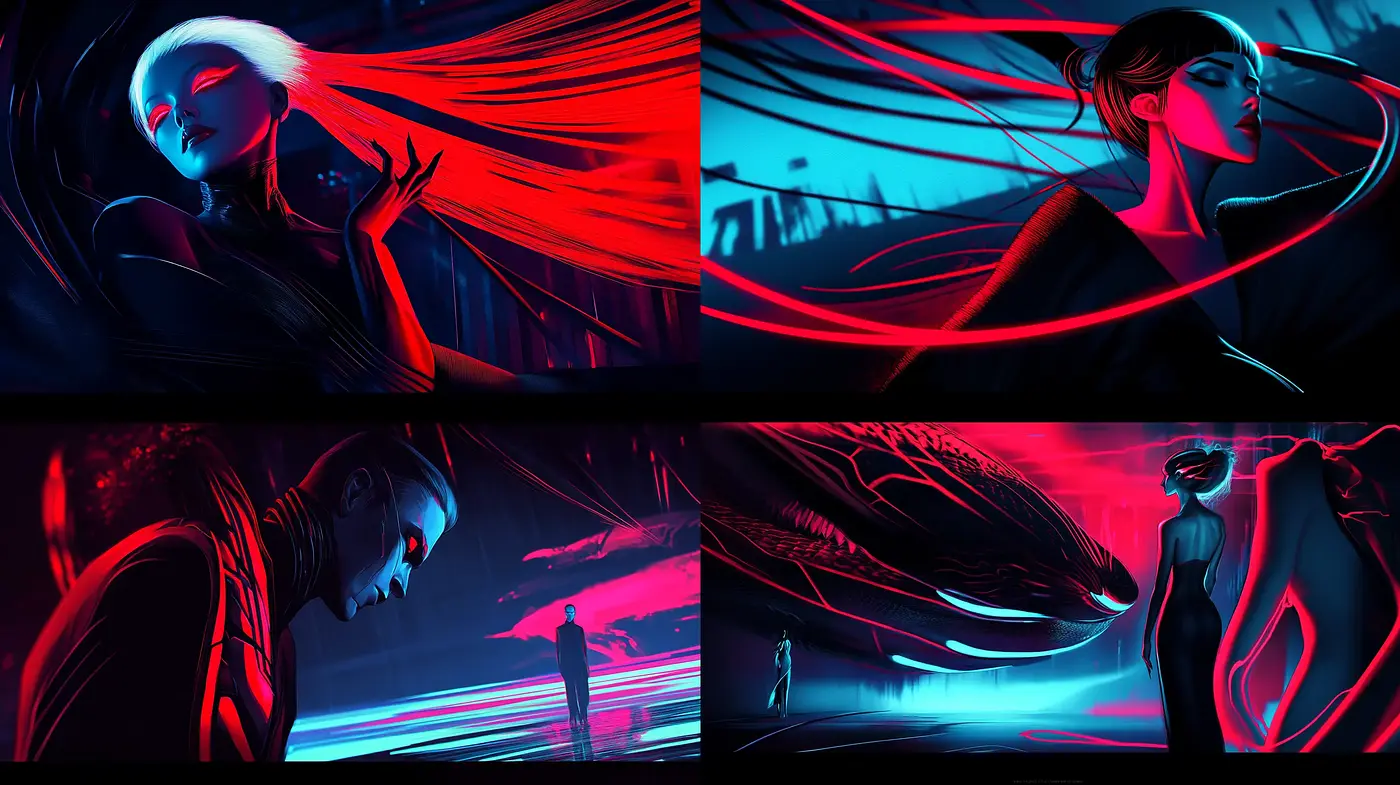 Nocturnal Crimson Dreamscape: An Artistic Fusion of Neon Noir and Dynamic Motion - Midjourney sref style