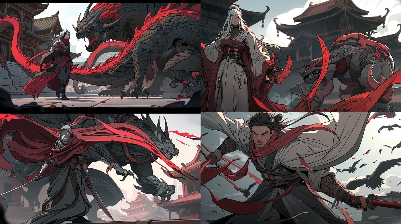 Dynamic Eastern-Inspired Graphic Illustrations with a Mythical Ambiance - Midjourney sref style