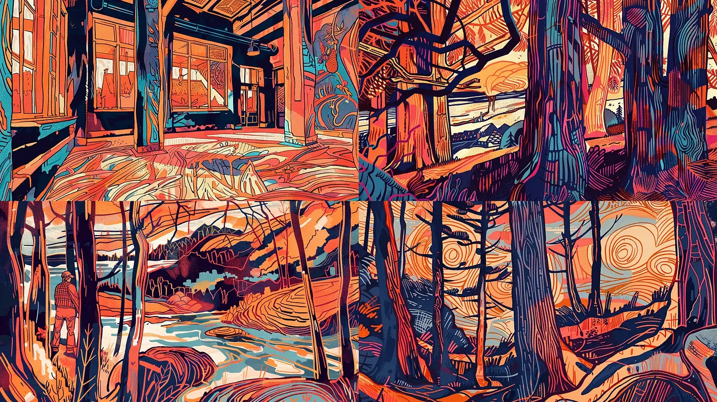 Abstract Nature and Architecture Fusion in Vivid Contrasting Colors - Midjourney sref style