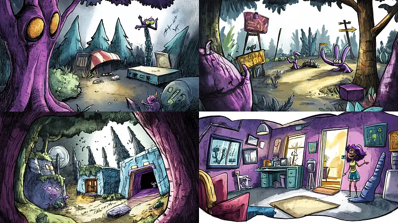 Playful Cartoon Style with Whimsical Landscapes and Characters