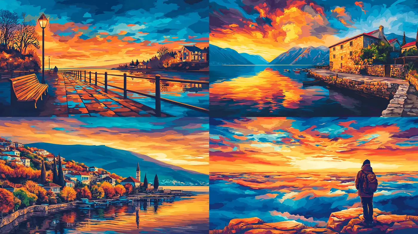Vibrant Landscapes with an Emphasis on Colorful Sunsets and Reflective Waters - Midjourney sref style