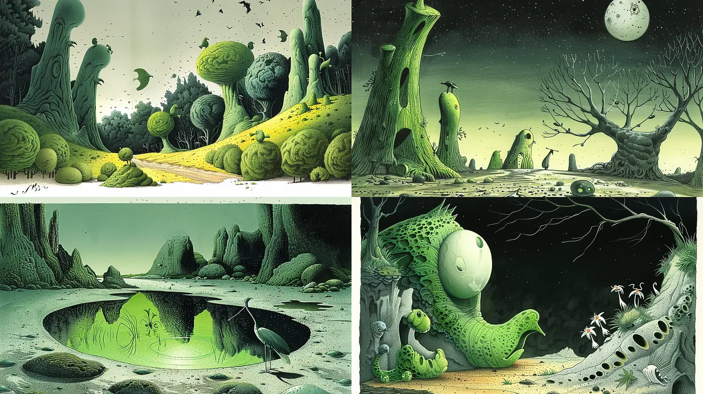 Surreal Green-Toned Landscapes with Whimsical Botanical Forms - Midjourney sref style