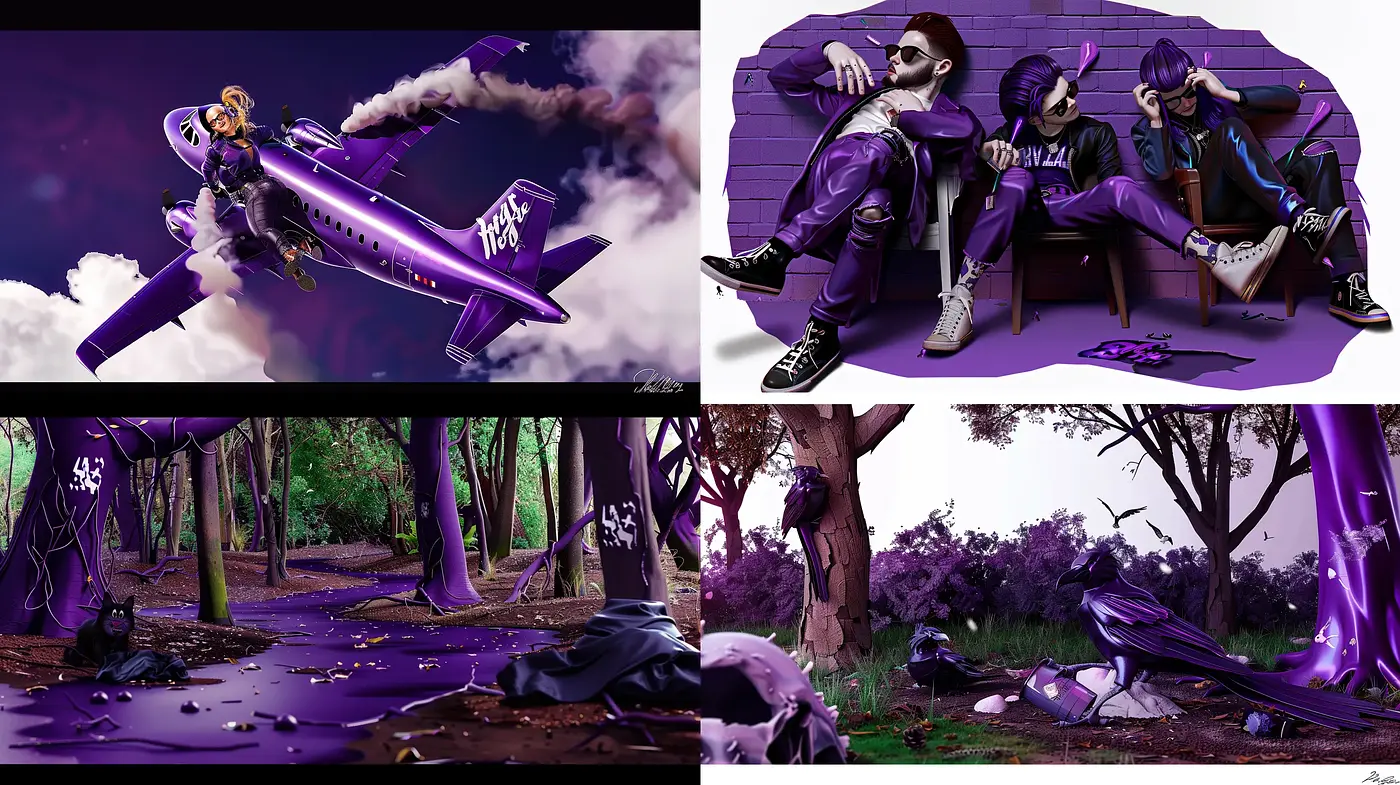 Futuristic Cyber-Noir Visual Synthesis with Purple Hues and Dynamic Posture - Midjourney sref style