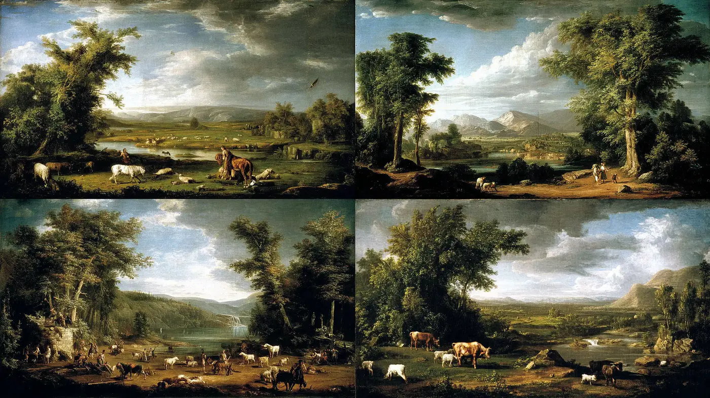 Harmonious Blend of Nature and Pastoral Life in a Classical Landscape - Midjourney sref style