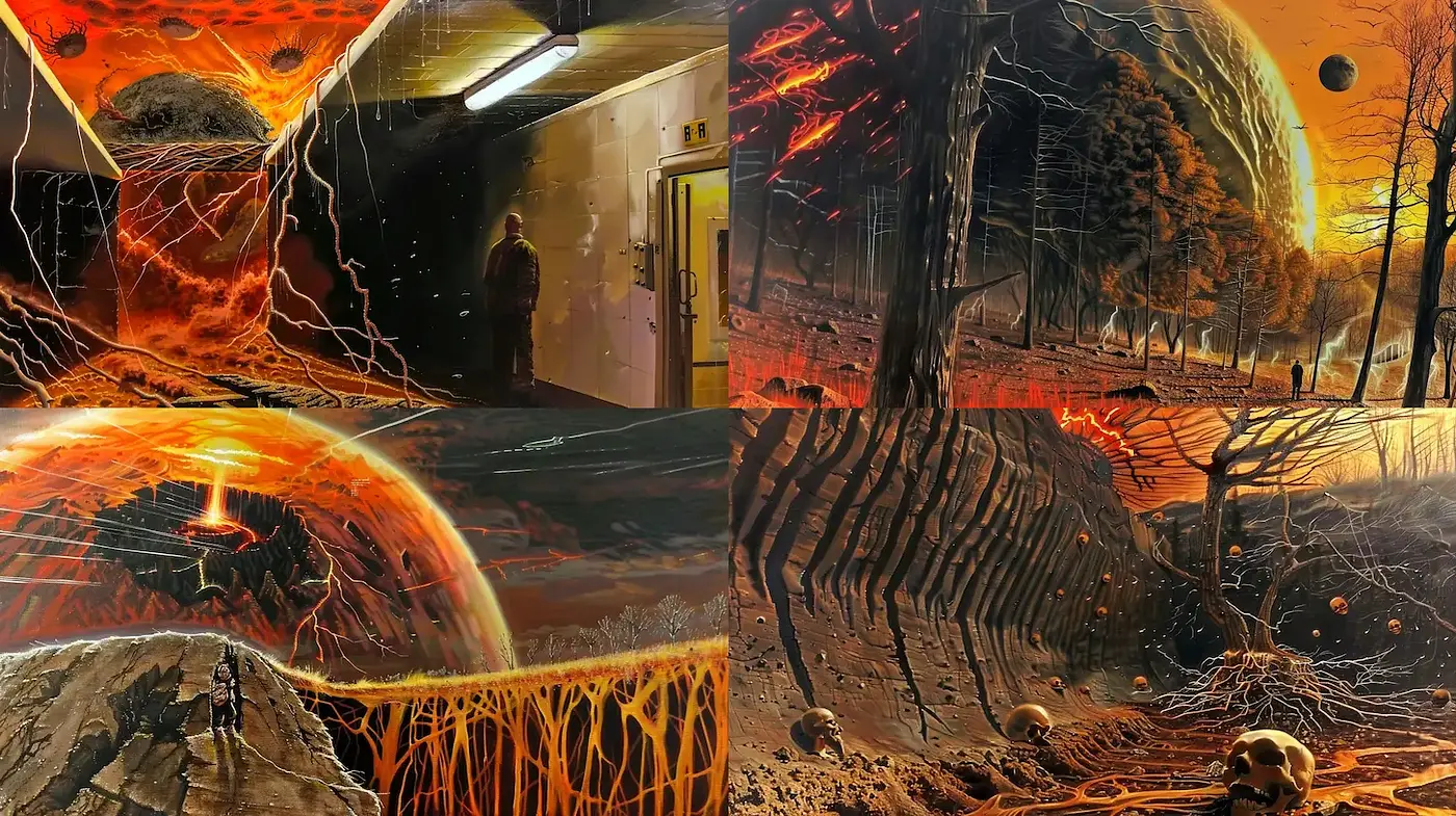Dramatic and Surreal Sci-Fi Landscapes with Fiery Elements - Midjourney sref style