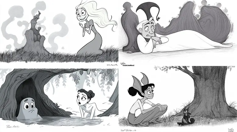 Whimsical monochrome artistry with playful character expressions