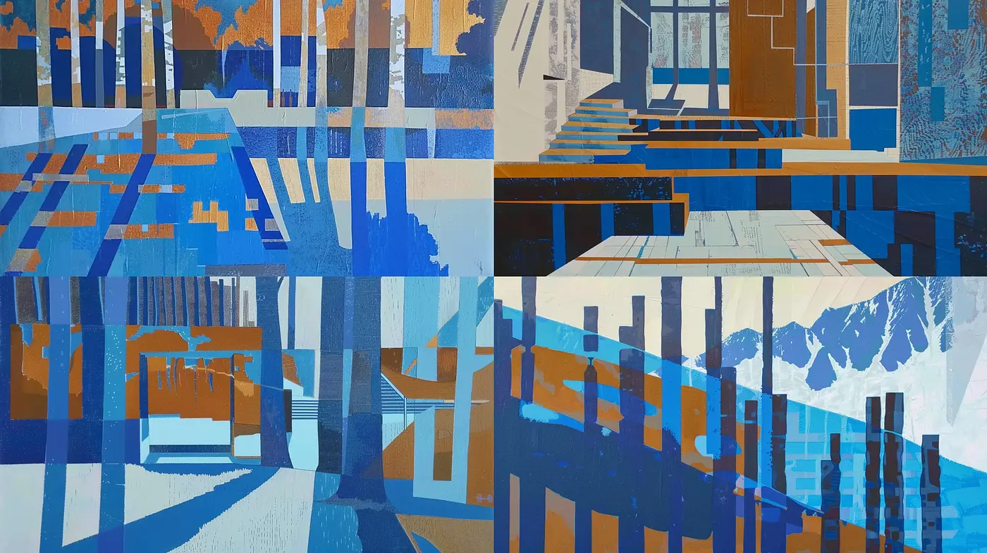 Geometric Harmony in Cool Hues: A Study in Abstracted Architectural Forms - Midjourney sref style