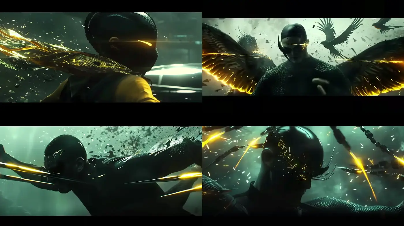 Cinematic Spectacle of Golden Illuminated Heroism - Midjourney sref style