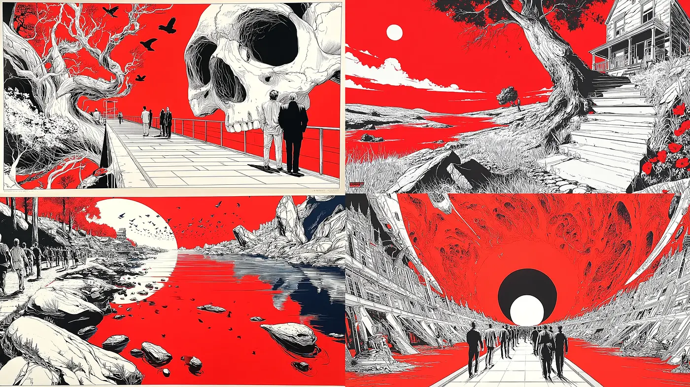 Dramatic and Surreal Landscapes with Bold Illustrative Elements - Midjourney sref style