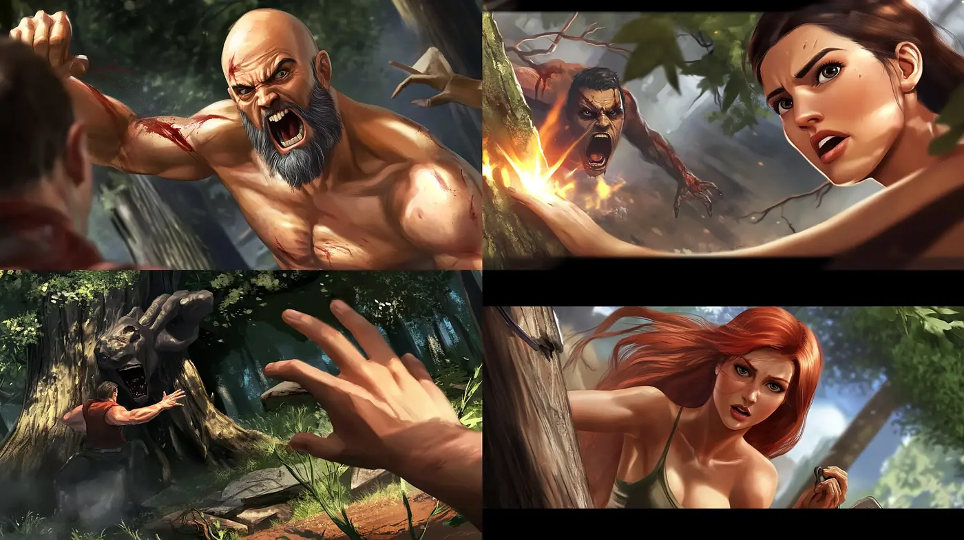 Dynamic Primal Encounter in Lush Forest Ambiance - Midjourney sref style