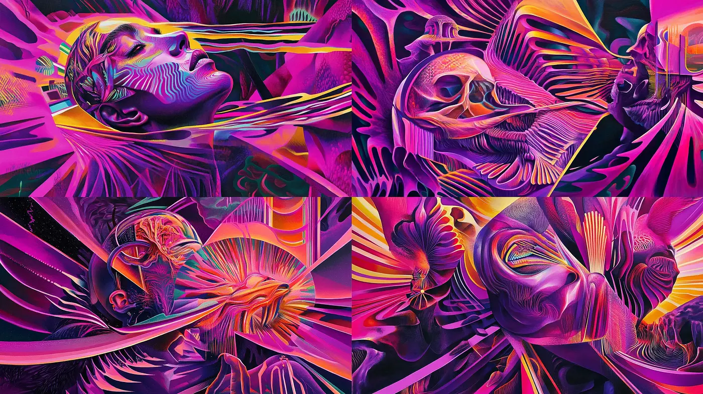 Psychedelic Dreamscape: A Fusion of Vibrant Surrealism and Digital Artistry - Midjourney sref style