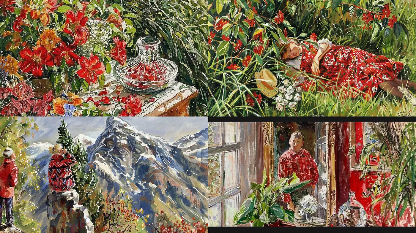 Lush Brushstroke Serenity: A Harmony of Vivid Florals and Tranquil Landscapes - Midjourney sref style