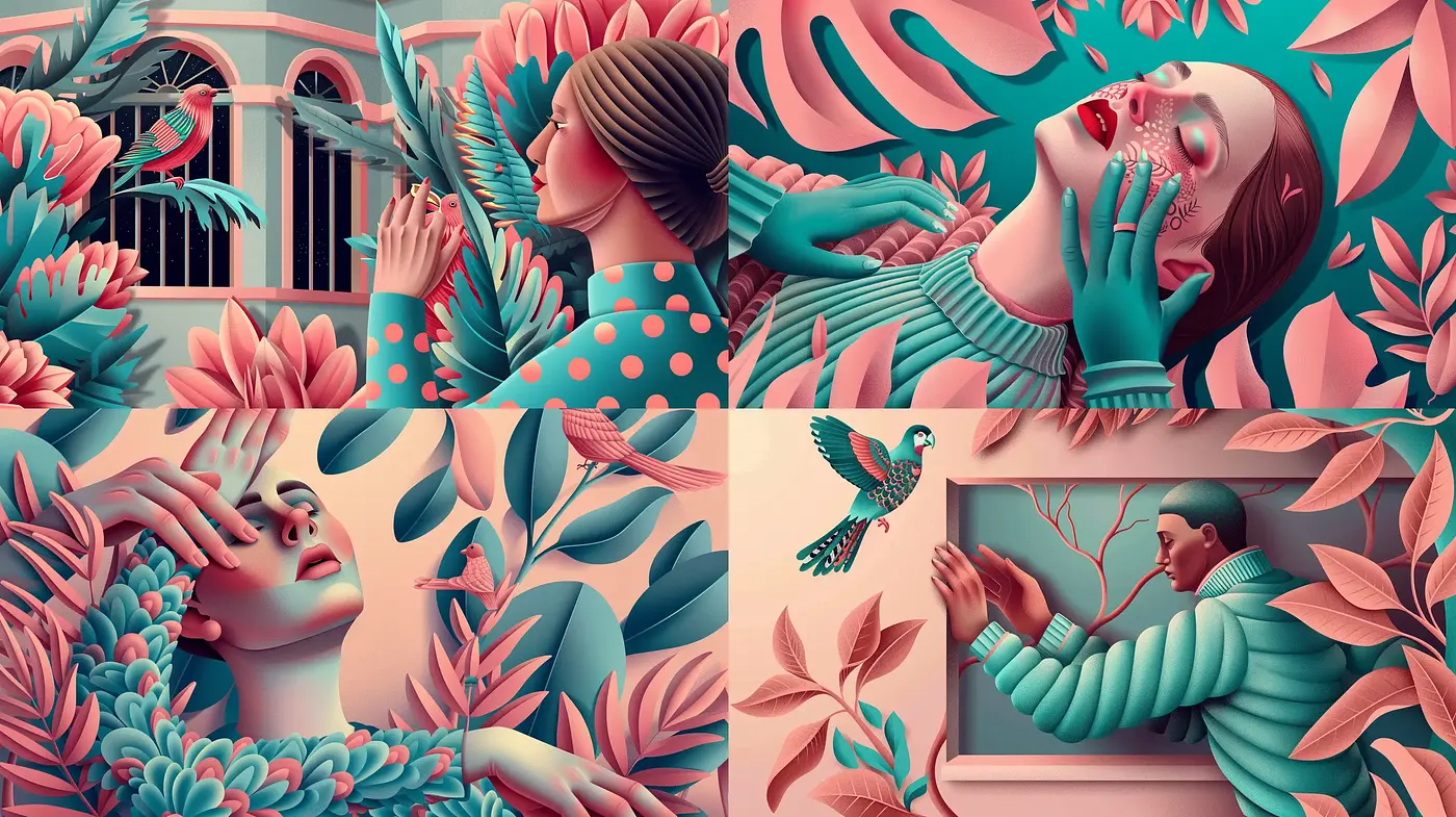 Harmonious Botanical Euphoria with Surrealist Elements - Midjourney sref style