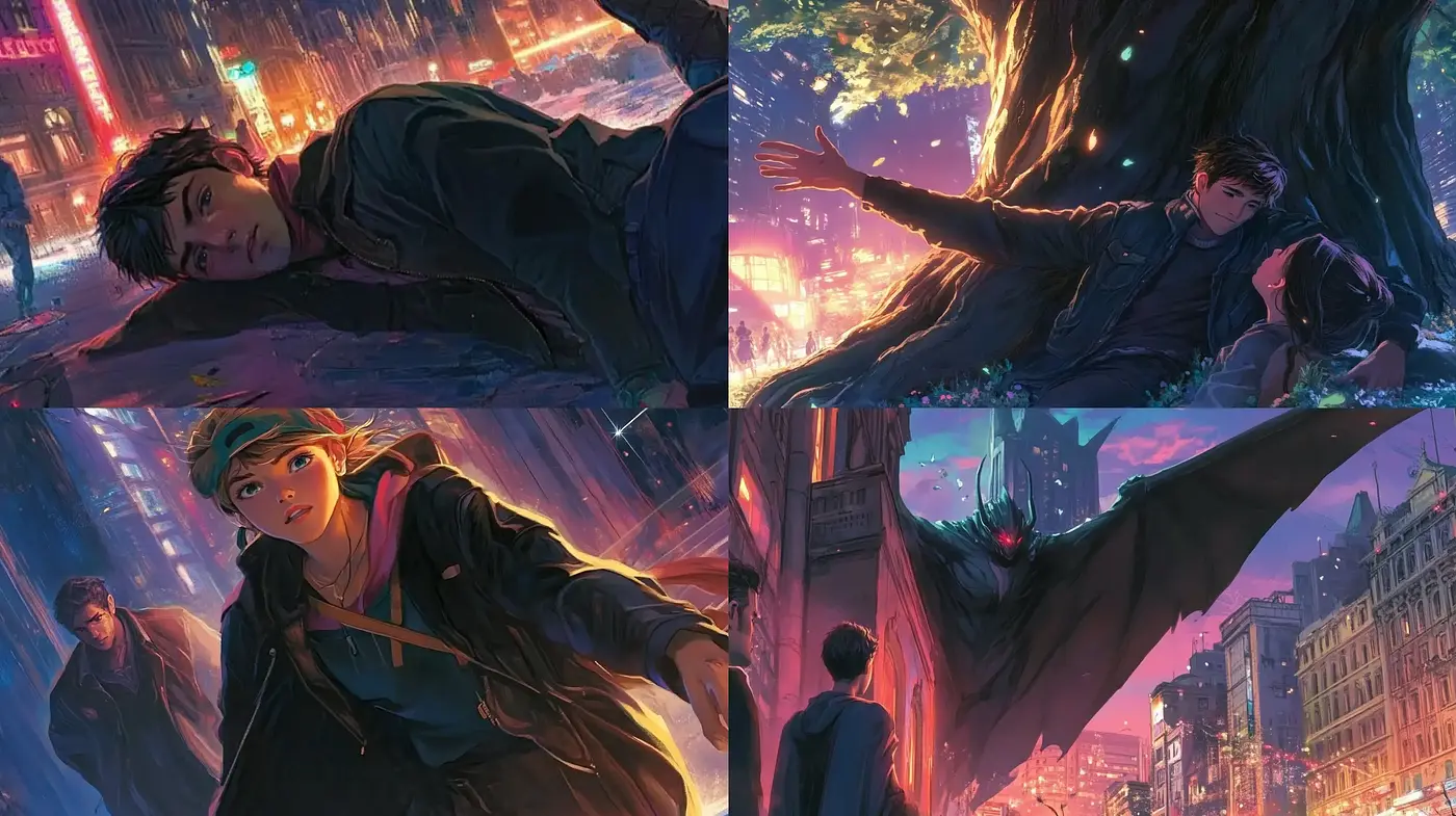 Twilight Urban Fantasy: A Dreamlike Intersection of Neon and Nature - Midjourney sref style