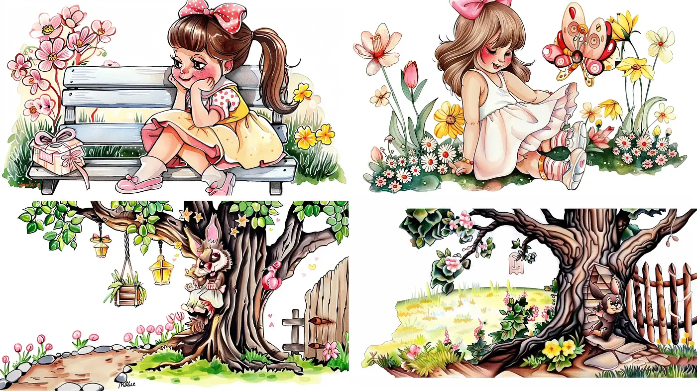 Charming Enchanted Garden Themed Illustrations with Lush Florals and Whimsical Characters - Midjourney sref style