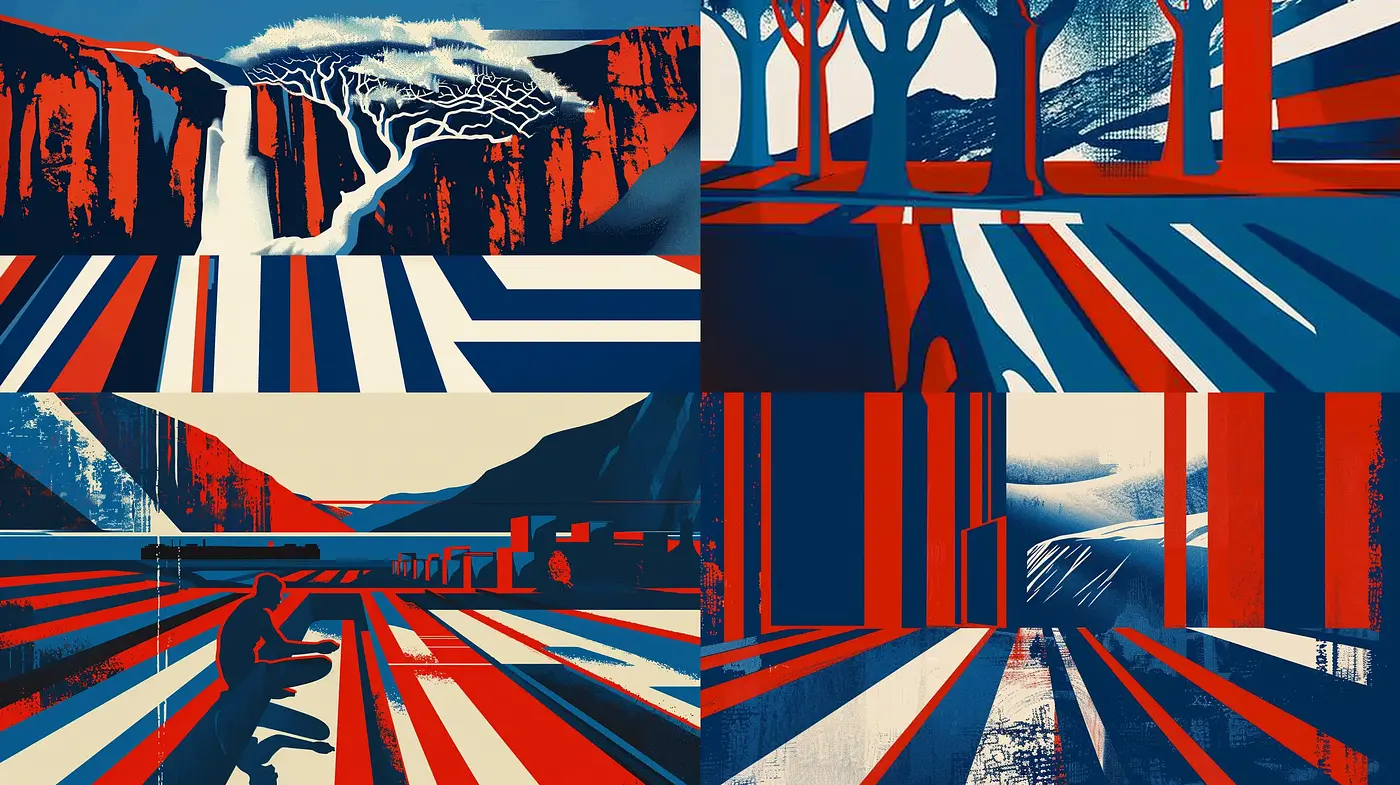 Stylized Geometric Nature and Architecture Synthesis - Midjourney sref style