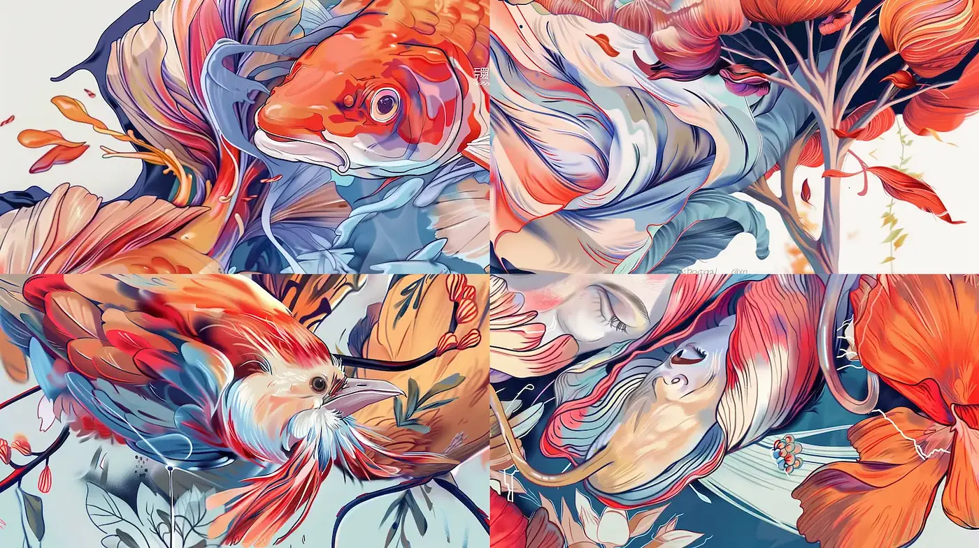 Vibrant Surrealist Flora and Fauna with Fluidity and Movement - Midjourney sref style