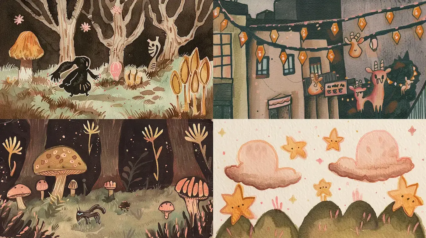 Whimsical and Dreamy Illustrated Landscapes with a Touch of Nostalgia - Midjourney sref style