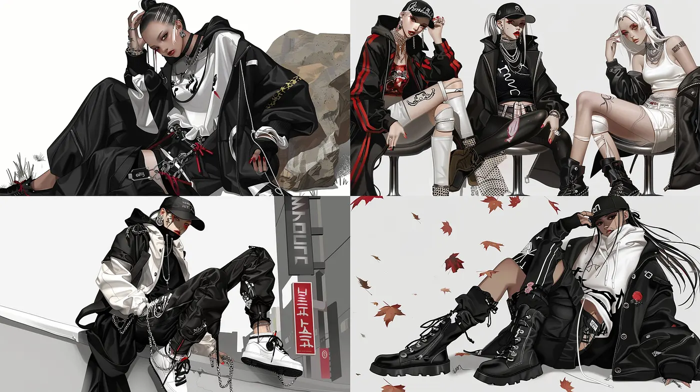Monochromatic Elegance with a Splash of Red: A Fusion of Modern Fashion and Manga Aesthetics - Midjourney sref style