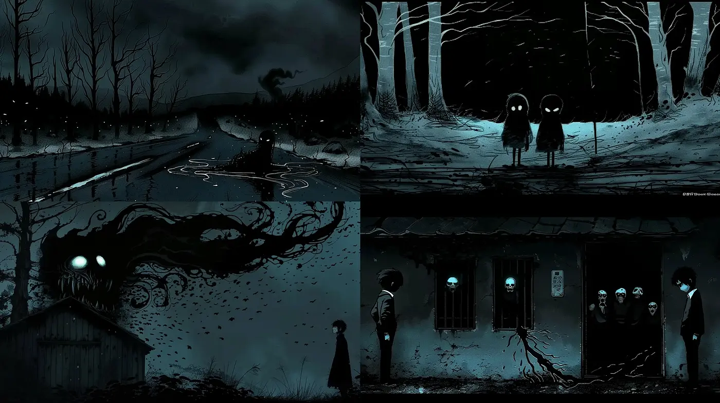 Eclipsed Nocturnes: A Ghoulish Tapestry of Moonlit Desolation - Midjourney sref style