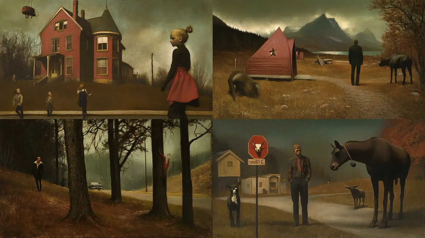 Surreal Rustic Twilight: An Homage to Pastoral Dreamscapes - Midjourney sref style