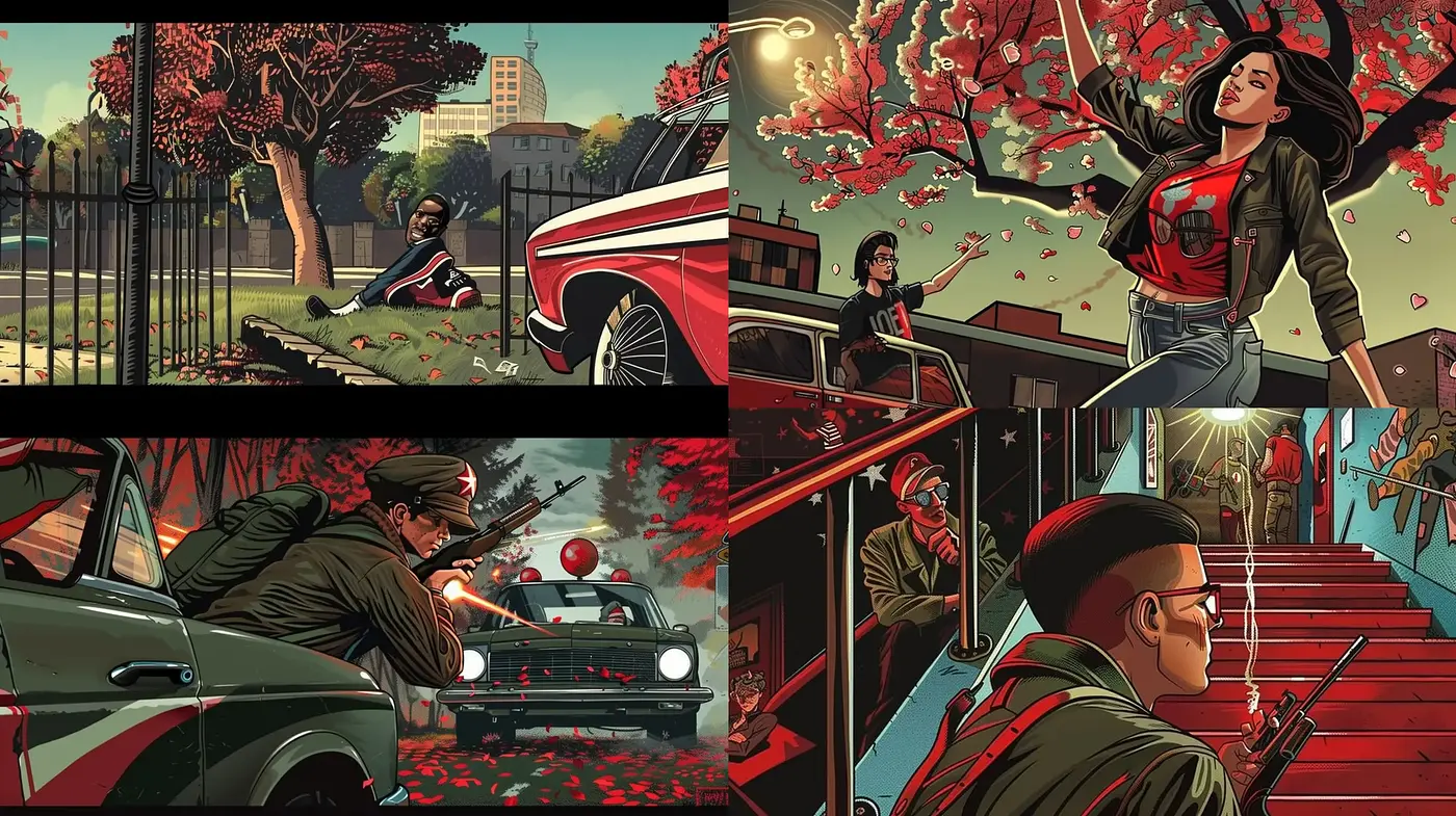 Cinematic Comic Book Narratives in a Vivid and Dynamic Style - Midjourney sref style
