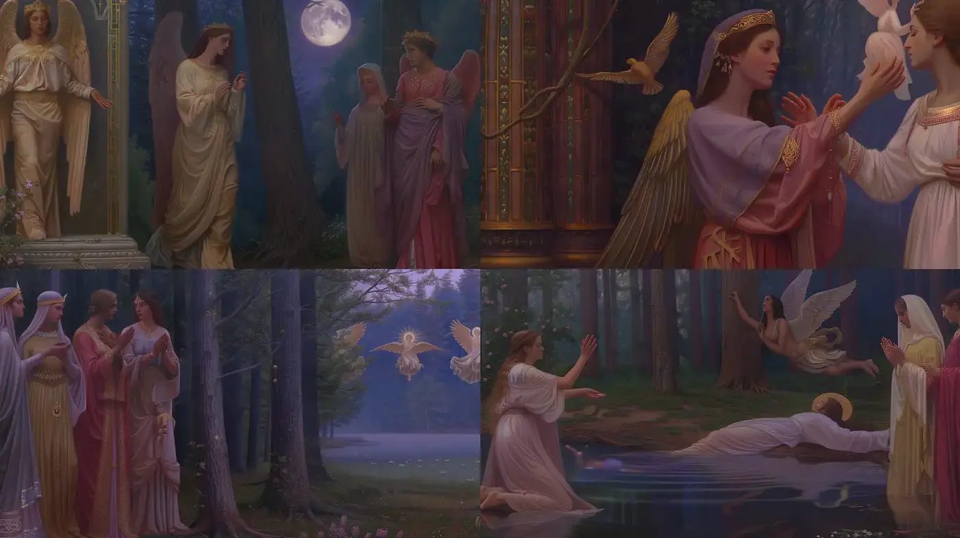 Mystical and ethereal portrayal of divine figures in a lush, serene environment - Midjourney sref style