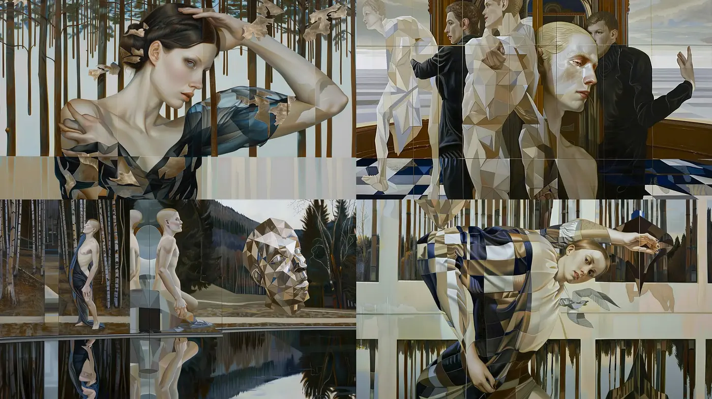 Fragmented Serenity: Geometric Infusion in Photorealistic Renderings - Midjourney sref style