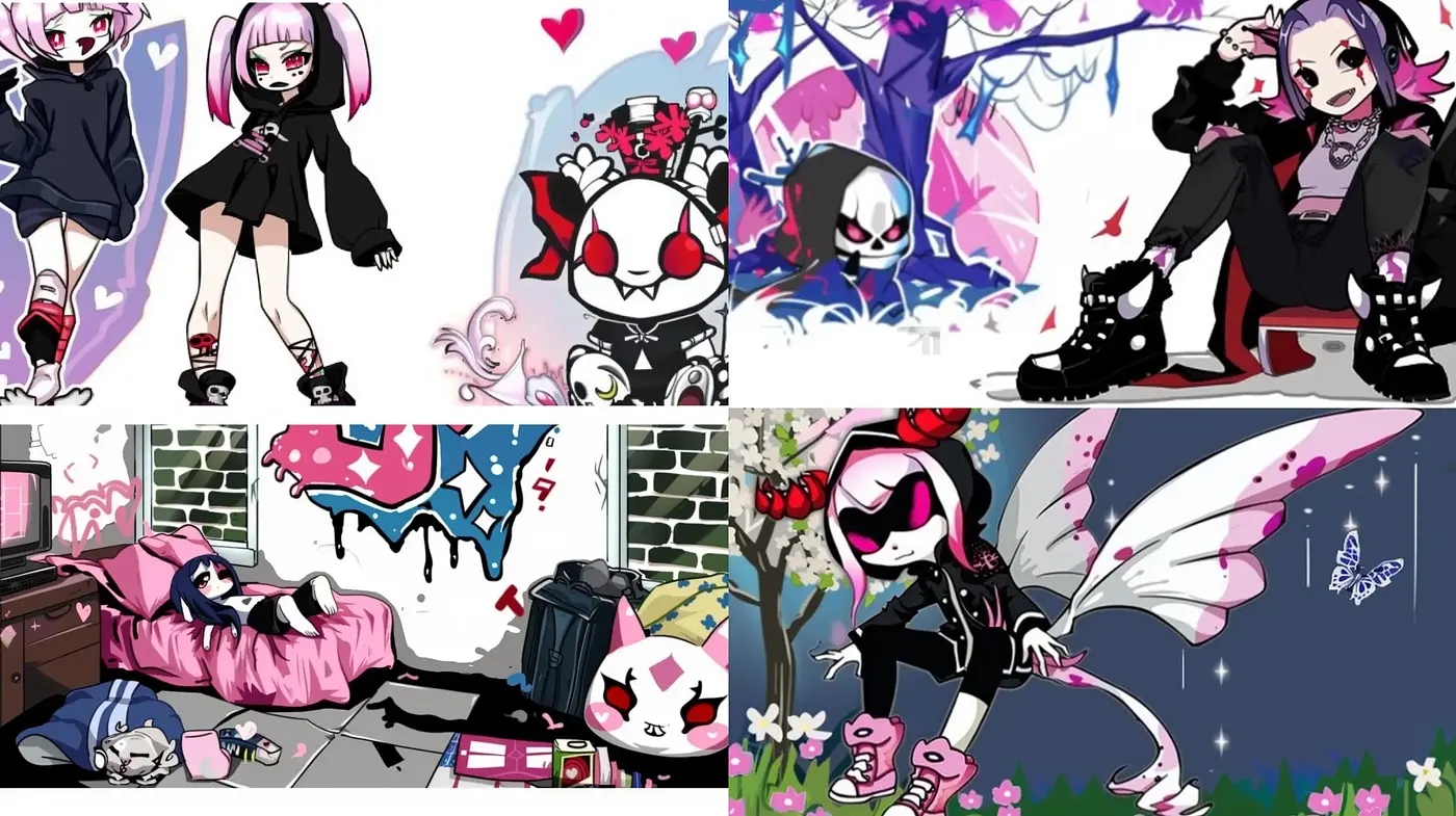 Gothic Kawaii Fusion with Manga Influences in a Playful Monochrome and Pink Palette - Midjourney sref style