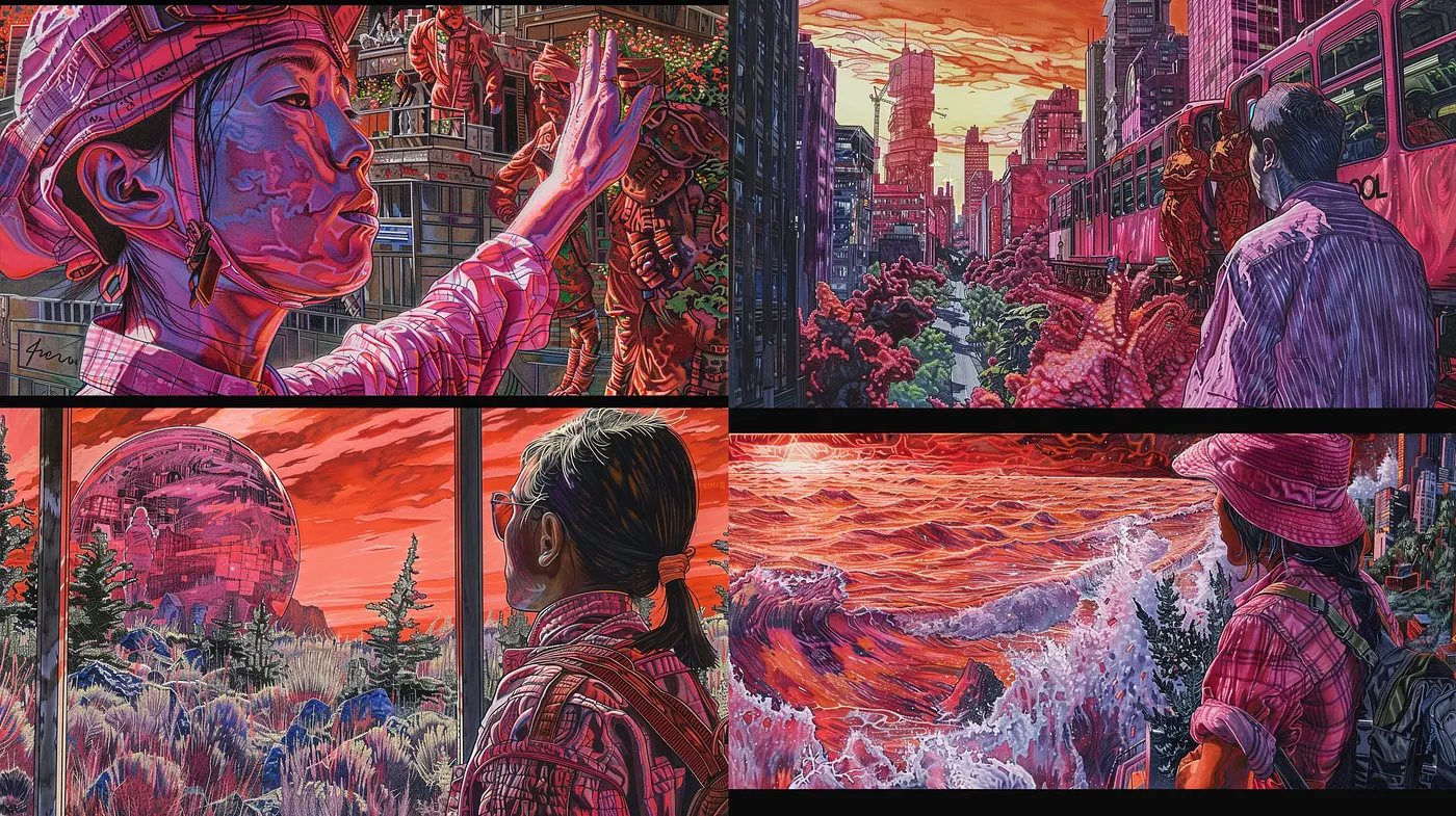 Crimson Brushwork Tapestry: A Vivid Blending of Graphic Novel and Contemporary Art Styles - Midjourney sref style
