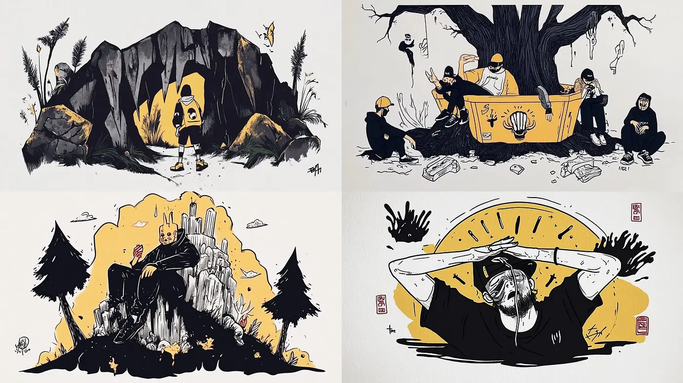 Stylized Ink Wash Narratives with Monochrome Essence - Midjourney sref style