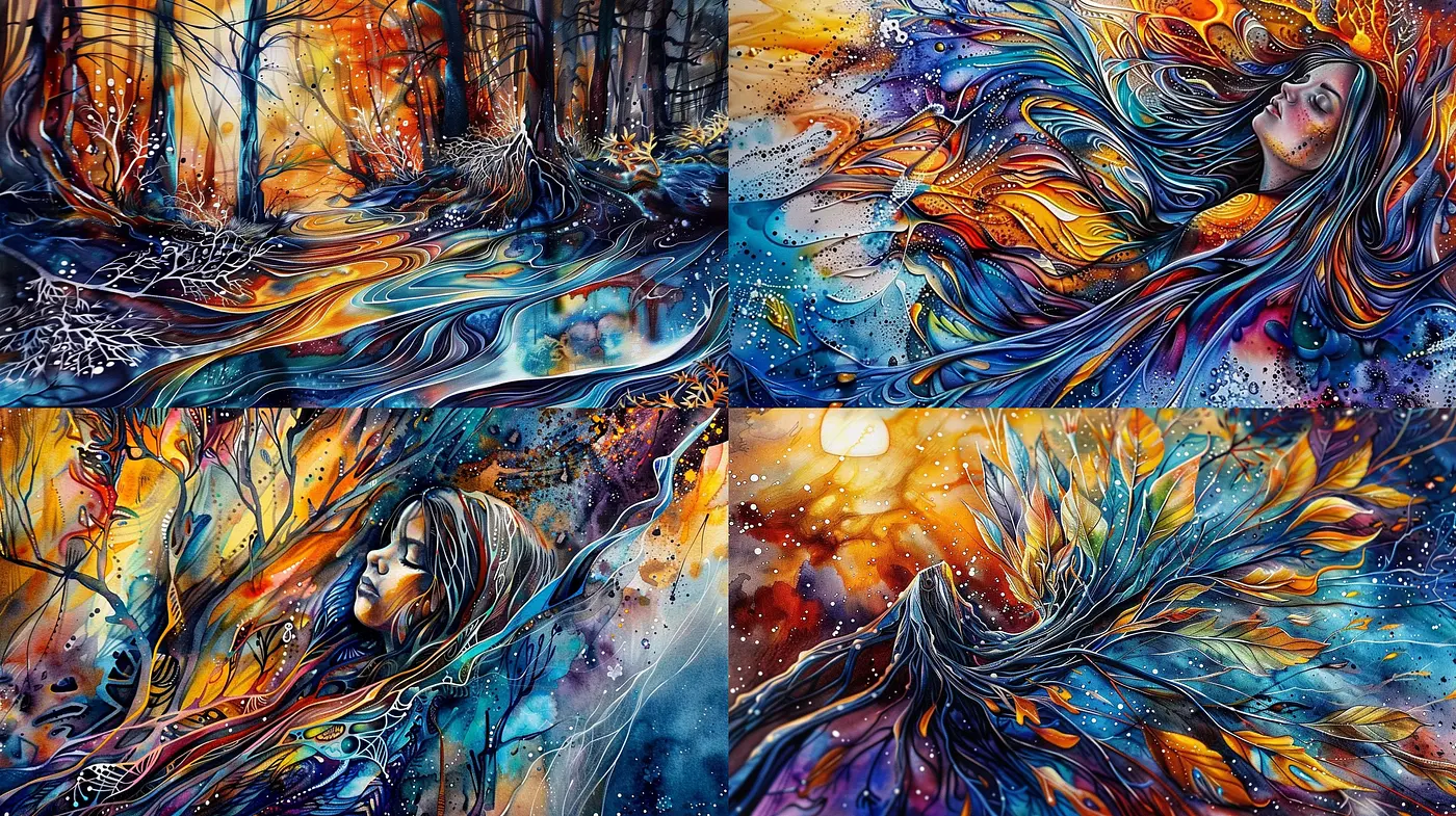 Ethereal Dreamscape Fusion of Vivid Hues and Surreal Forms - Midjourney sref style